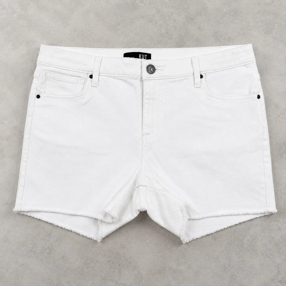 Kut from the Kloth Gidget Fray Short White Denim Raw Hem Stretch Size 12
